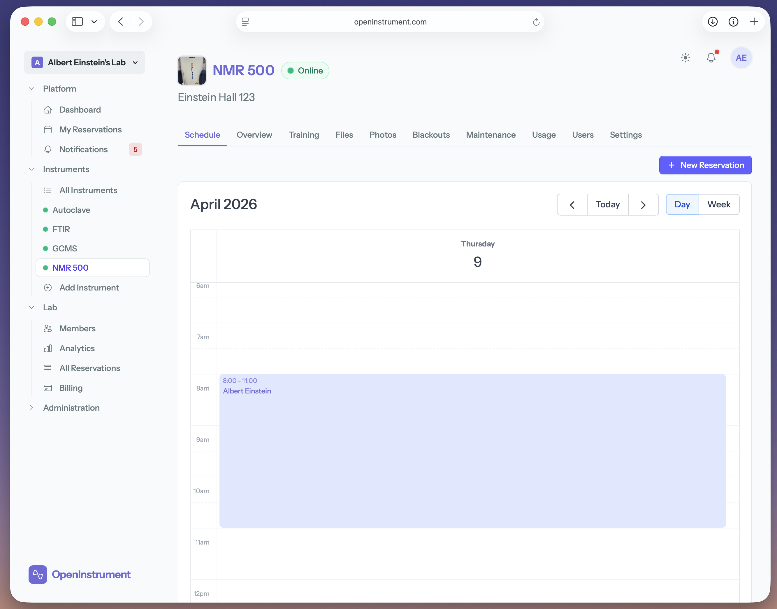 OpenInstrument instrument scheduling calendar view